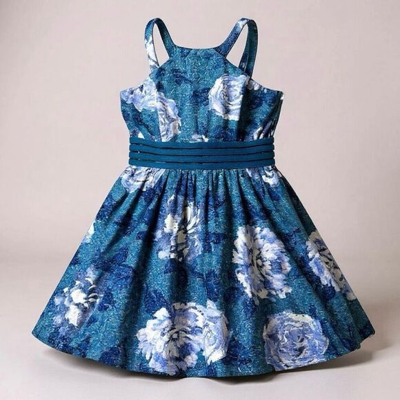 City Studio Girls Teal Glitter Printed Sleeveless Halter Fit + Flare Dress Sz 7 - Picture 4 of 6
